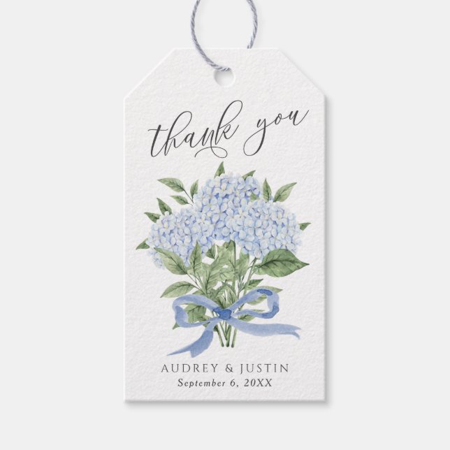 Blue Hydrangea Bouquet Blue Ribbon Wedding Geschenkanhänger (Vorderseite)