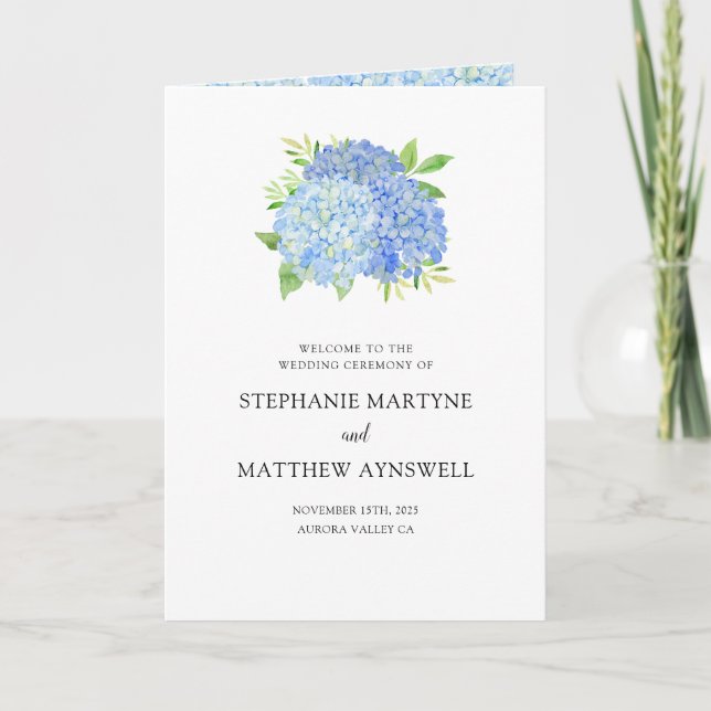 Blue Hydrangea Bouquet Botanical Wedding Program Programm (Vorderseite)