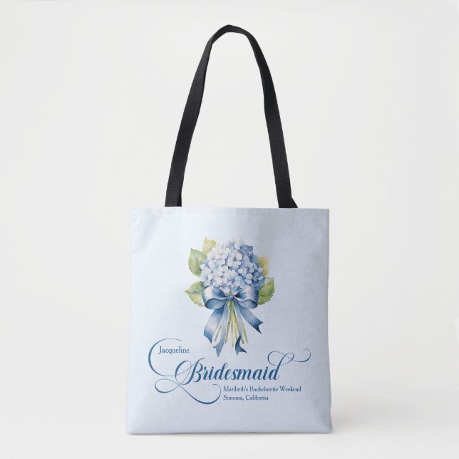 Blue Hydrangea Bouquet Bridesmaid Bachelorette Tasche (Vorderseite)