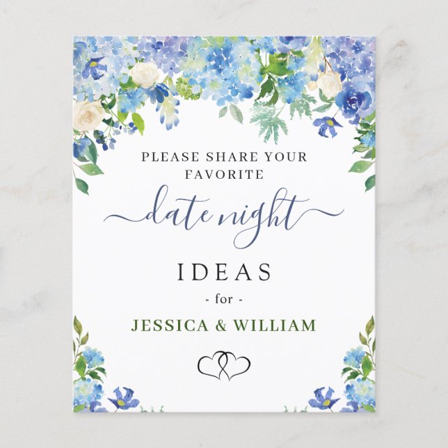 Blue Hydrangea Brautparty Date Night Idea Card (Vorderseite)
