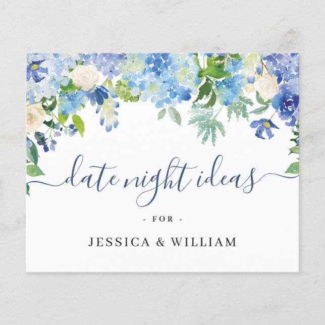 Blue Hydrangea Brautparty Date Night Idea Card Flyer (Vorne)