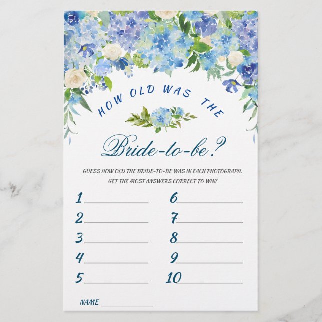 Blue Hydrangea Brautparty Game (Vorderseite)