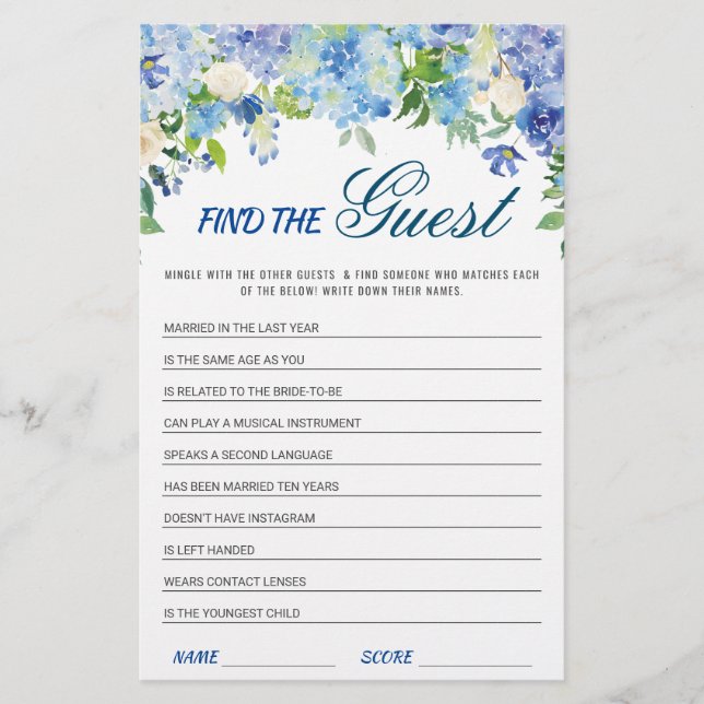 Blue Hydrangea Brautparty Game (Vorderseite)