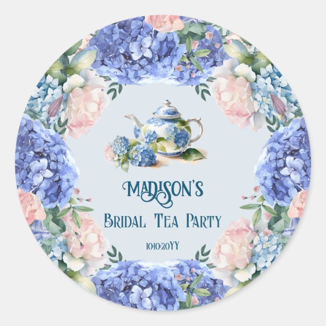 Blue Hydrangea Bridal Tea Party Runder Aufkleber (Vorderseite)