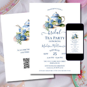 Blue Hydrangea Bridal Tee Party QR Code Einladung