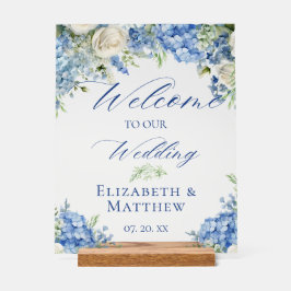 Blue Hydrangea Calligraphy Script Wedding Willkomm Acrylschild
