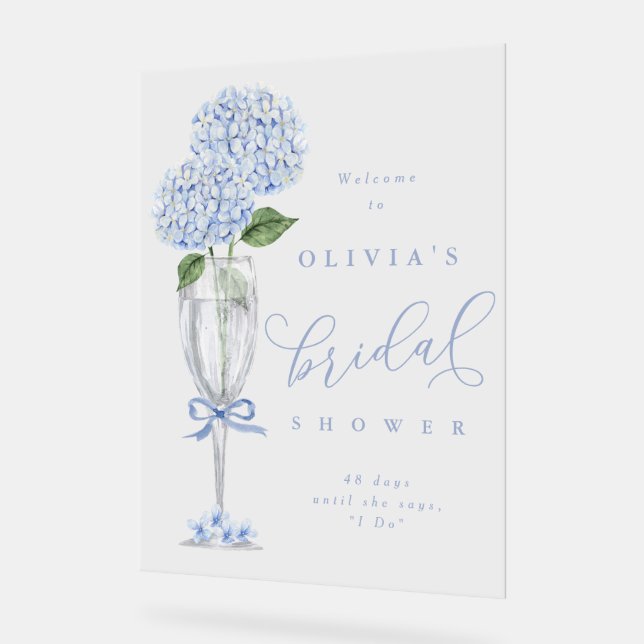 Blue Hydrangea & Champagne Silver Dusche Willkomme Acrylschild (Winkel)