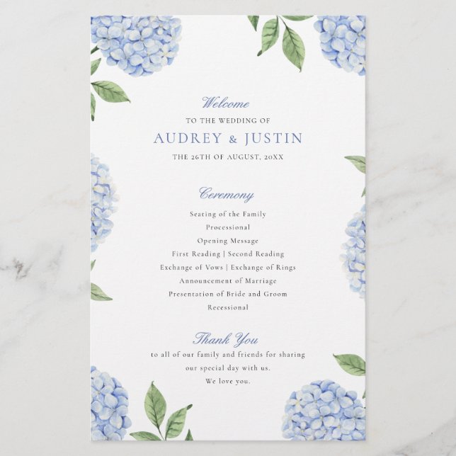 Blue Hydrangea Classic Wedding Paper Program Flyer (Vorne)