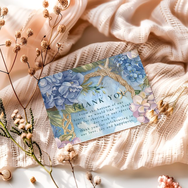 Blue Hydrangea Coastal Rope Wedding Dankeskarte (Von Creator hochgeladen)