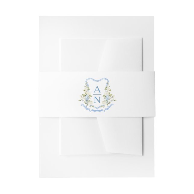 Blue Hydrangea Crest Monogram Einladungsbanderole (Vorderseite Beispiel)