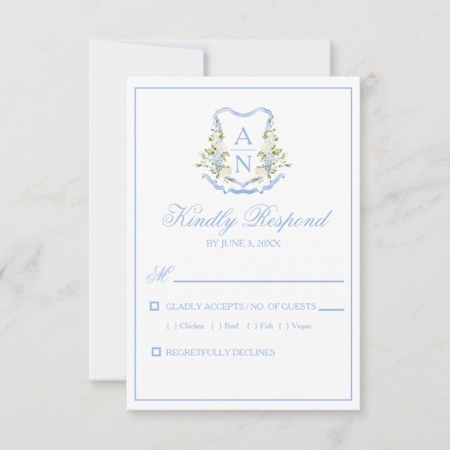 Blue Hydrangea Crest Monogram RSVP Cards (Devant)