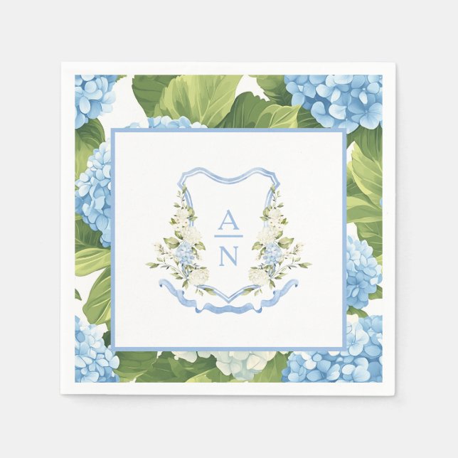 Blue Hydrangea Crest Monogram Serviette (Vorderseite)