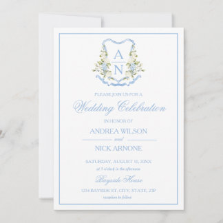 Blue Hydrangea Crest Monogram Wedding Invitation Einladung