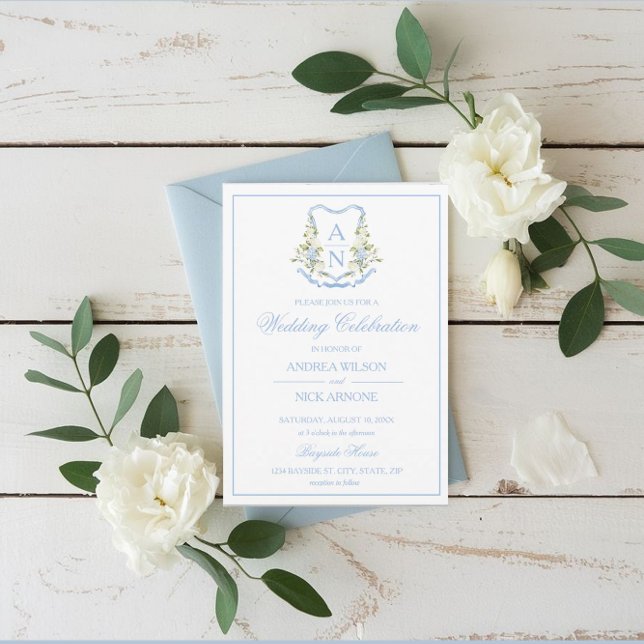 Blue Hydrangea Crest Monogram Wedding Invitation Einladung (Blue Hydrangea Crest Monogram Invitation)