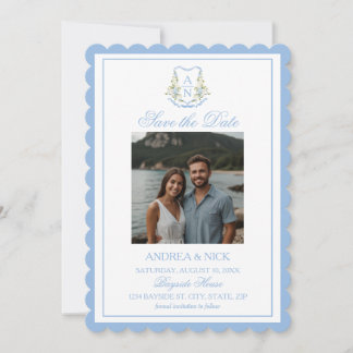 Blue Hydrangea Crest Monogram Wedding Invitation Save The Date