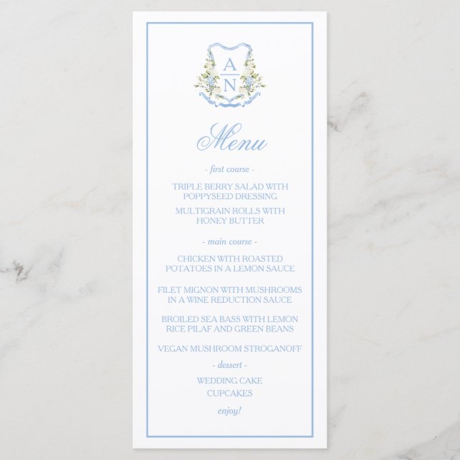 Blue Hydrangea Crest Monogram Wedding Menu (Devant)