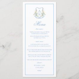Blue Hydrangea Crest Monogram Wedding Menu Menükarte