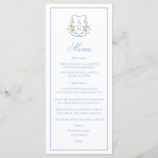 Blue Hydrangea Crest Monogram Wedding Menu Menükarte