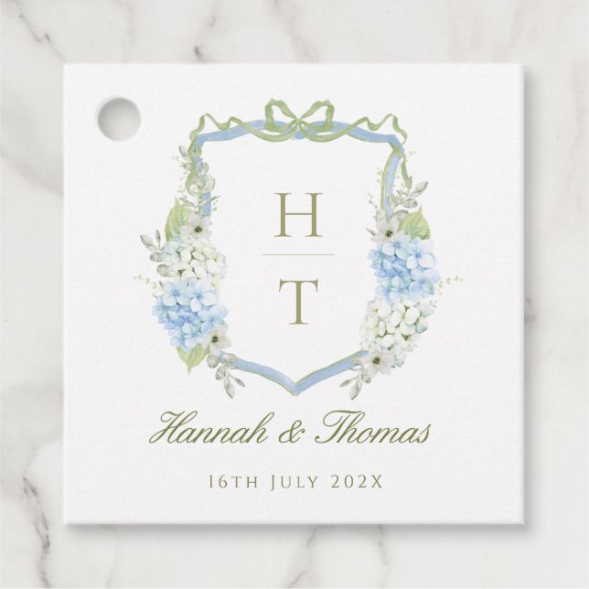 Blue Hydrangea Crest Wedding Monogram Geschenkanhänger (Vorderseite)