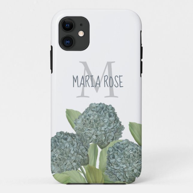 Blue Hydrangea Custom Floral Monogram Chic Case-Mate iPhone Hülle (Rückseite)
