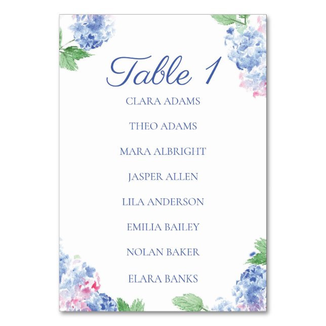 Blue Hydrangea Elegant Numeric Seating Chart Card Tischnummer (Vorderseite)