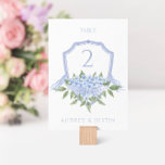 Blue Hydrangea Elegantes Hochzeitshochzeitsgetränk Tischnummer<br><div class="desc">Diese wunderschöne Blumenkarte verfügt über ein Aquarellblau-Wappen mit Hydrangea-Blume und Ihren eigenen Text auf beiden Seiten der Tischnummer. Verwenden Sie die Vorlage,  um Ihre Informationen auszufüllen. Mit der Funktion "Weitere Anpassung" können Sie den Schriftart (Größe,  Stil,  Farbe) ändern,  mehr Textzeilen hinzufügen oder das Layout ändern.</div>