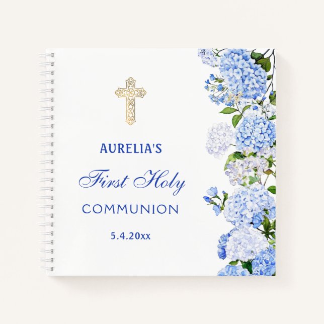 Blue Hydrangea First Communion Guest Book Notizbuch (Vorderseite)