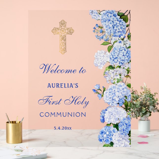 Blue Hydrangea First Communion Welcome Acrylschild (Hochzeit)