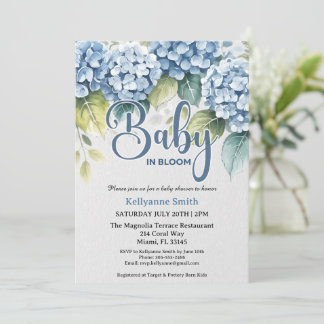 Blue Hydrangea Floral "Baby In Bloom" Shower Einladung