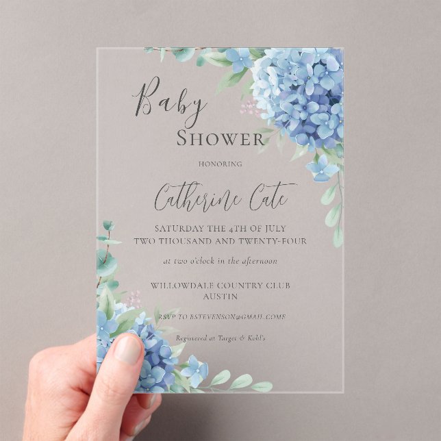 Blue Hydrangea Floral Baby Shower Acryleinladungen (Insitu (Handheld))