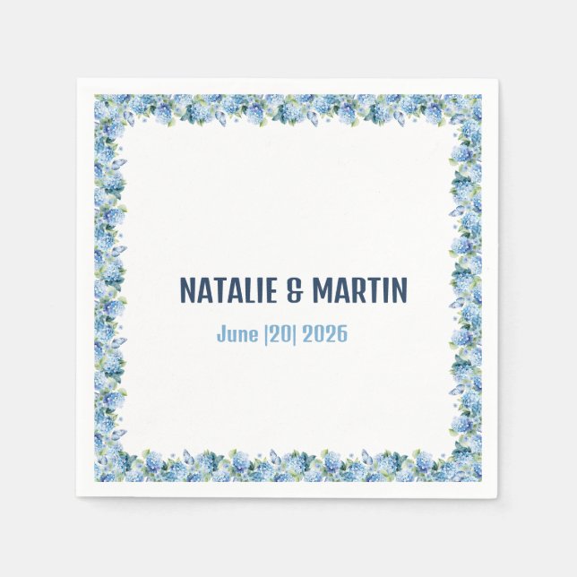 Blue Hydrangea Floral Border Wedding Personalized Serviette (Vorderseite)