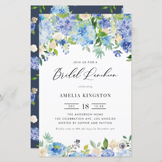 Blue Hydrangea Floral Bridal Luncheon Einladung (Vorne/Hinten)