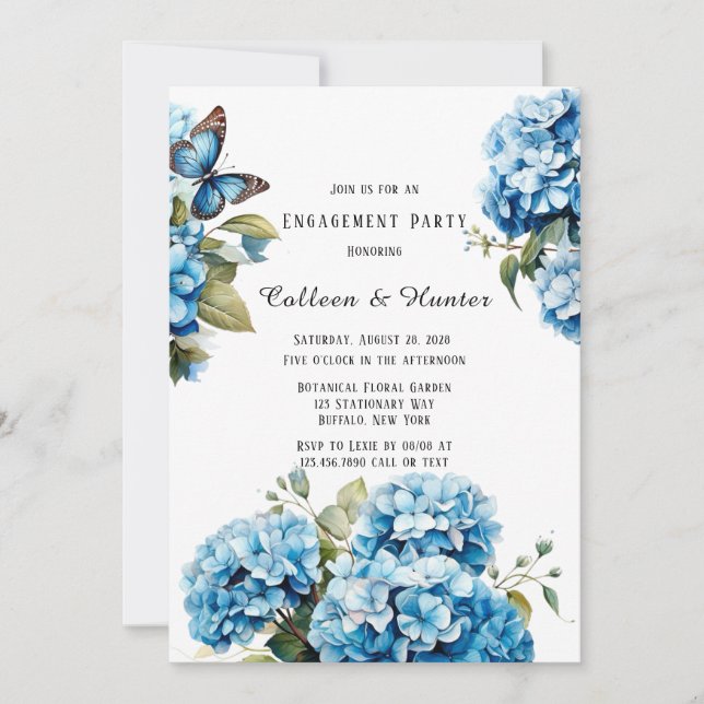 Blue Hydrangea Floral Butterfly Engagement Party Einladung (Vorderseite)