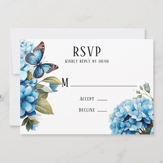 Blue Hydrangea Floral Butterfly Wedding RSVP Karte (Vorderseite)