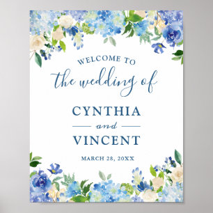Blue Hydrangea Floral Chic Wedding Willkommenszeic Poster