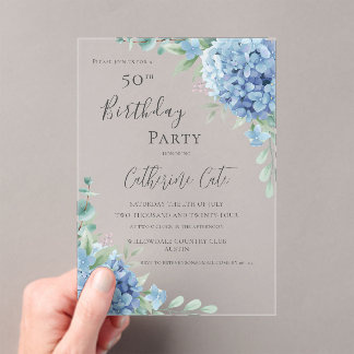 Blue Hydrangea Floral Elegant 50th Birthday Acryleinladungen