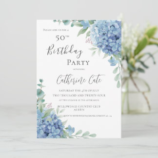 Blue Hydrangea Floral Elegant 50th Birthday Einladung