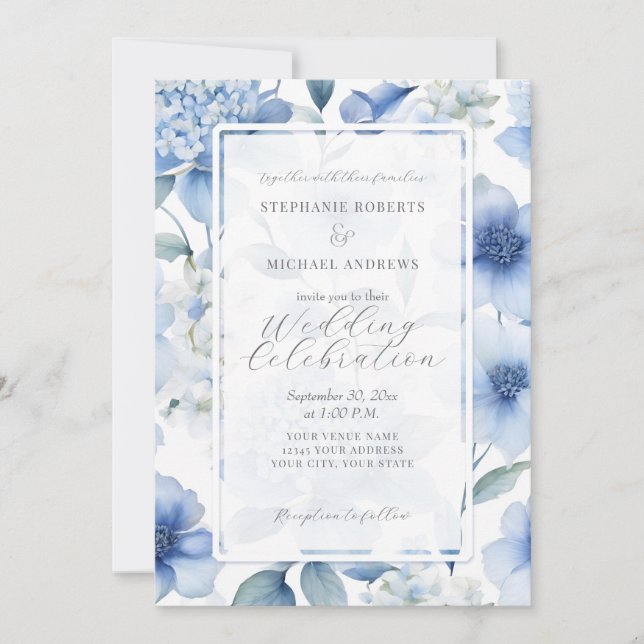 Blue Hydrangea Floral Elegantes Wasserfarbenhochze Einladung (Vorderseite)