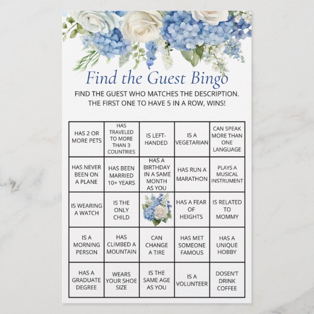 Blue Hydrangea Floral Guest Bingo Baby Shower Game Flyer (Vorne)