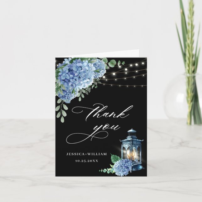 Blue Hydrangea Floral Lantern Black Boho Wedding Dankeskarte (Vorderseite)