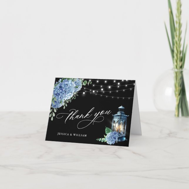 Blue Hydrangea Floral Lantern Black Boho Wedding Dankeskarte (Vorderseite)