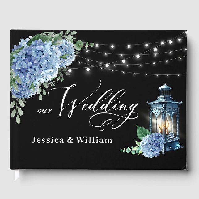 Blue Hydrangea Floral Lantern Black Boho Wedding Gästebuch (Vorderseite)