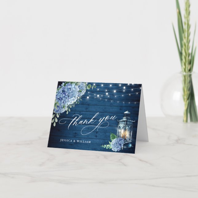 Blue Hydrangea Floral Lantern Navy Wood Wedding Dankeskarte (Vorderseite)