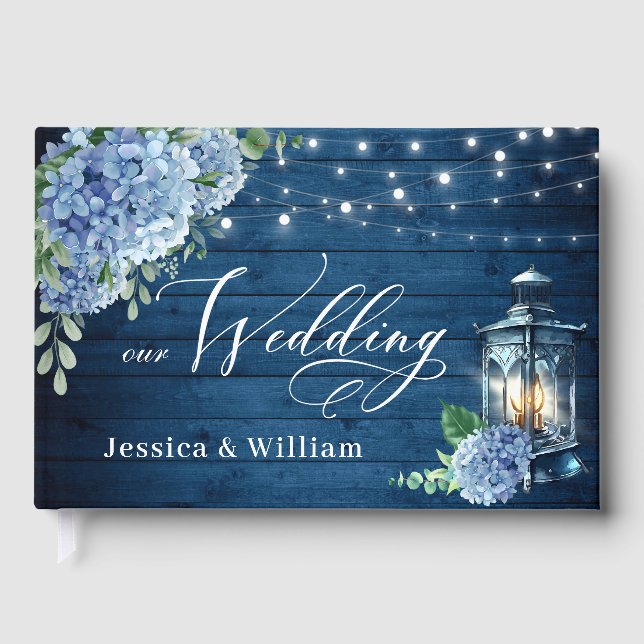 Blue Hydrangea Floral Lantern Navy Wood Wedding Gästebuch (Vorderseite)