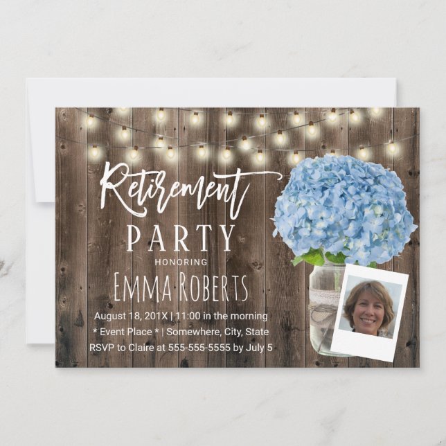 Blue Hydrangea Floral Rustic Wood Foto Rentirement Einladung (Vorderseite)