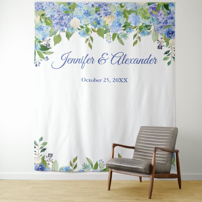 Blue Hydrangea Floral Wedding Foto Stand Hintergru Wandteppich (Beispiel)