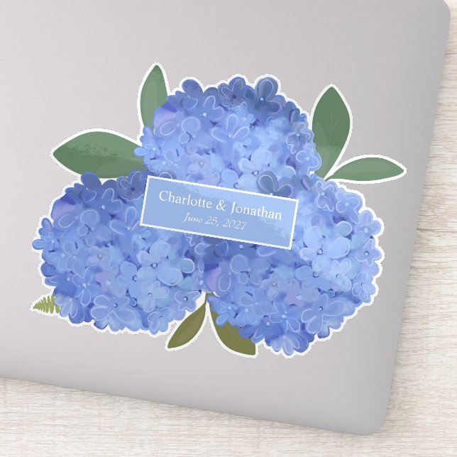 Blue Hydrangea Floral Wedding Personalisiert Names Aufkleber (Detail)