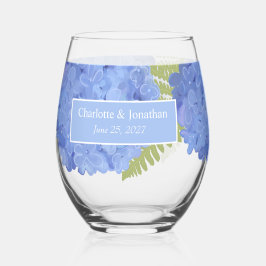 Blue Hydrangea Floral Wedding Personalisiert Names Weinglas Ohne Stiel