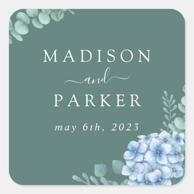 Blue Hydrangea Floral Wedding Quadratischer Aufkleber (Vorderseite)