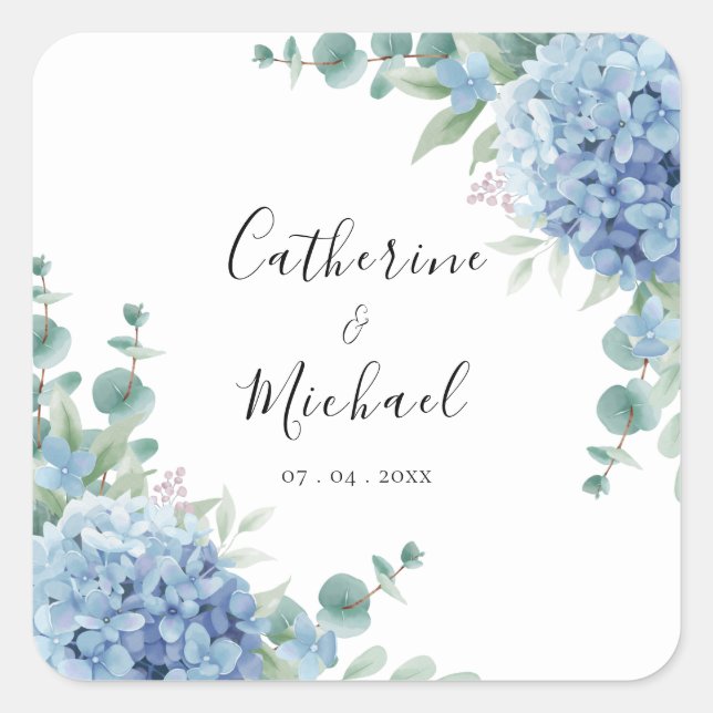 Blue Hydrangea Floral Wedding  Quadratischer Aufkleber (Vorderseite)